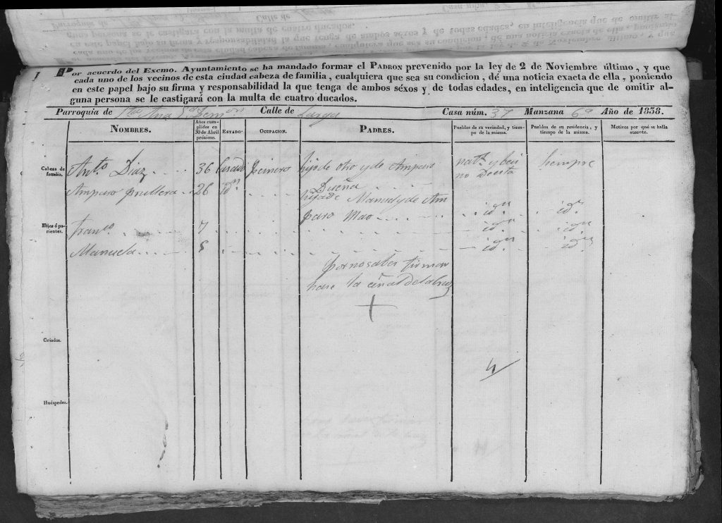Segunda pagina del censo para quintas del 1850.