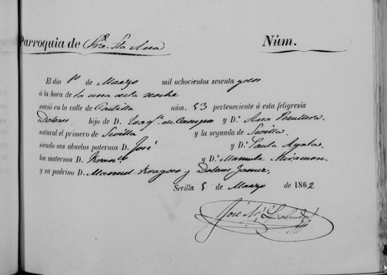 Acta de nacimiento de Dolores Campos Peruyera.