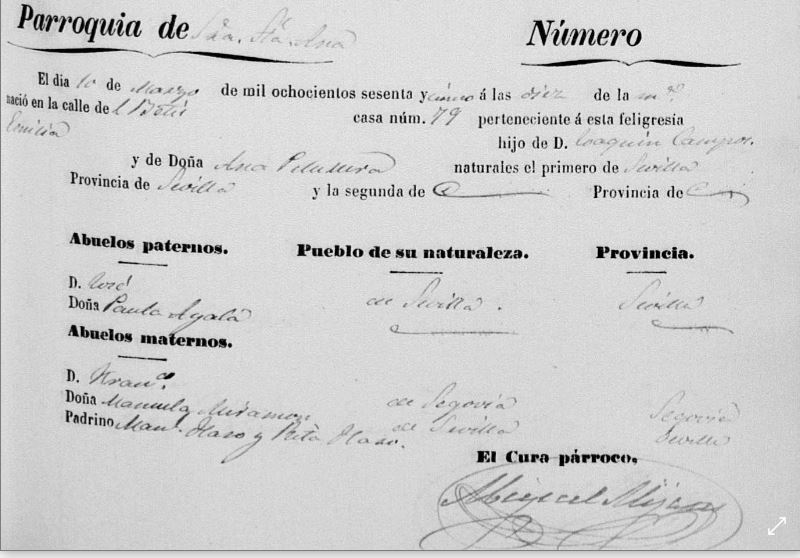 Acta de nacimiento de Emilia Campos Peruyera.