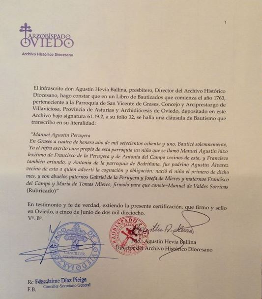 Transcripción del acta de bautismo de Manuel Agustín Peruyera Campo.