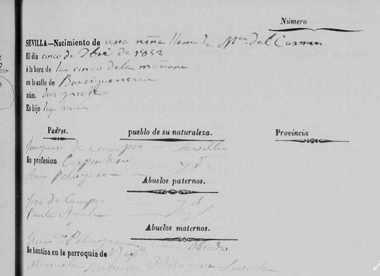 Acta de nacimiento de María del Carmen Campos Peruyera.