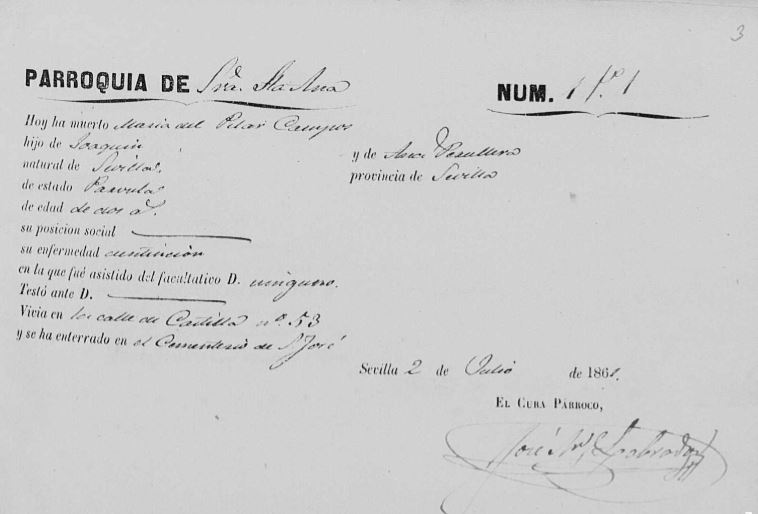 Acta de defunción de María del Pilar Campos Peruyera.