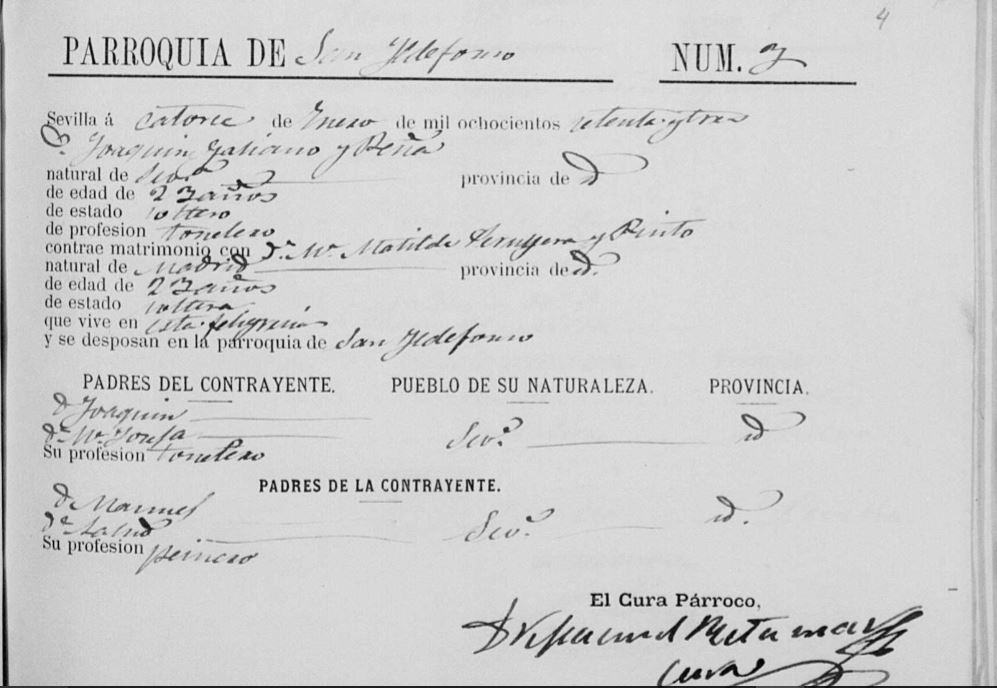 Acta de matrimonio de Matide Peruyera Pinto y Joaquín Galiano Peña.