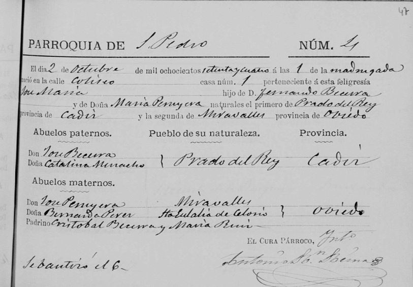 Acta de nacimiento de José María Becerra Peruyera.