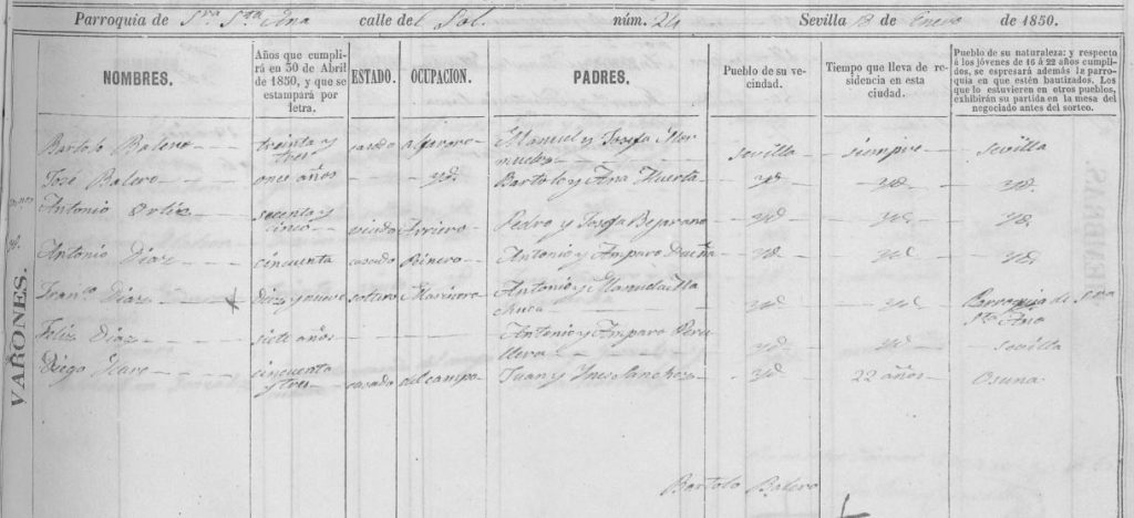 Primera pagina del censo para quintas del 1850.