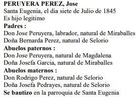 Transcripción acta de nacimiento de José Peruyera Pérez.