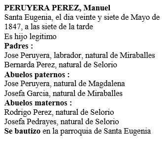 Transcripción acta de nacimiento de Manuel Peruyera Pérez.