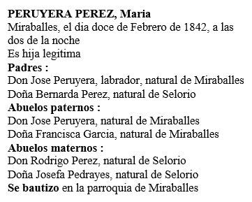 Transcripción acta de nacimiento de María Peruyera Pérez.