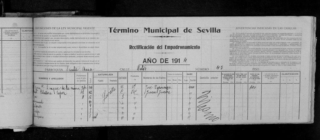 Primera pagina padrón de Sevilla del 1914.