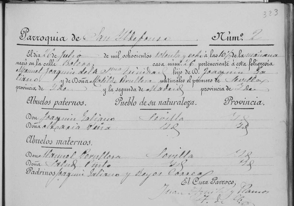 Acta de nacimiento de Manuel Galiano Peruyera.