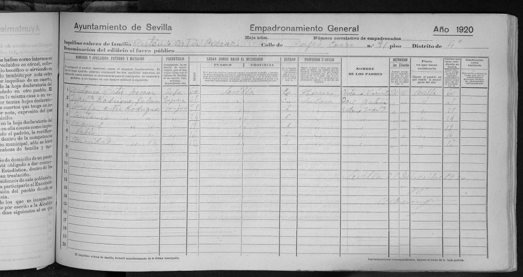 Padrón de Sevilla del 1920, padres y hermanos de Luisa Ortiz Rodríguez.