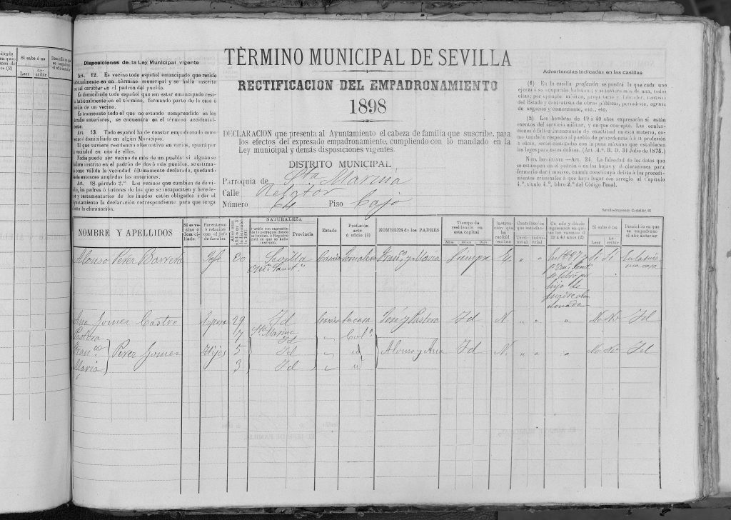 Padrón de Sevilla del 1898, Pastora Pérez Gómez y familia.