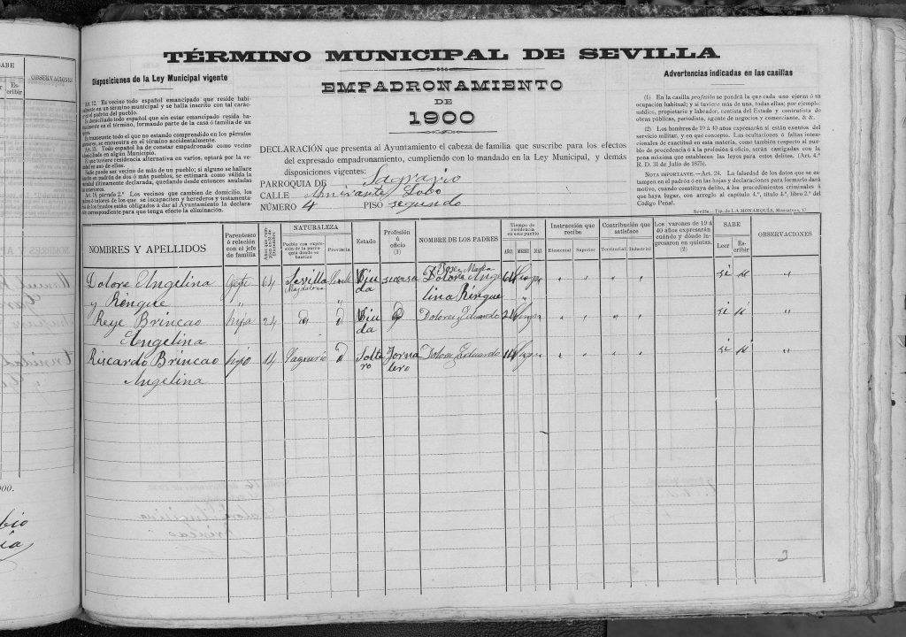 Padrón de Sevilla del 1900, María de los Reyes Brincan Angelina y familia.