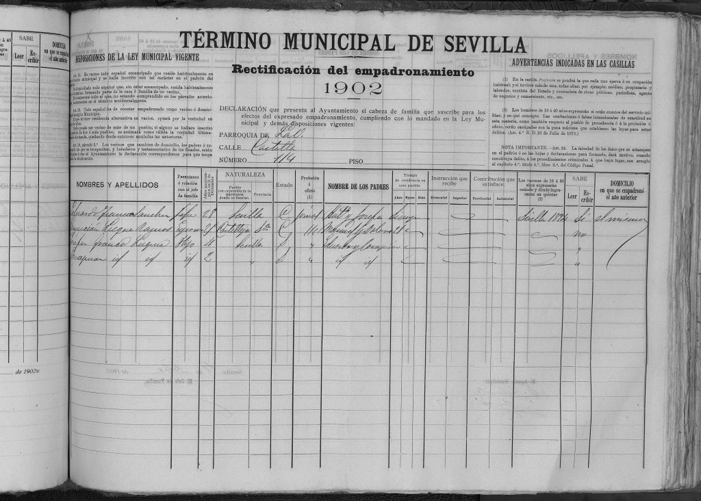 Padrón de Sevilla del 1902, familia de Concepción Franco Luque, madre de Concepción Vera Franco.