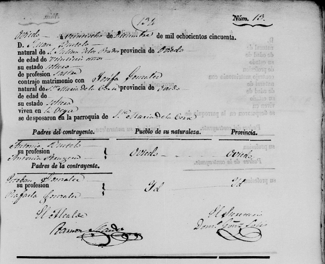 Acta de Matrimonio de Juan Fernández-Bustelo Peruyera con Josefa González González. 
