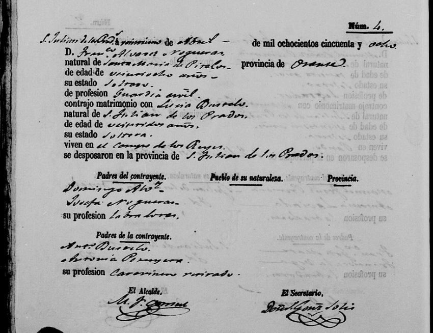 Acta de matrimonio de Lucía Fernández-Bustelo Peruyera con Francisco Alvarez Nogueras. 