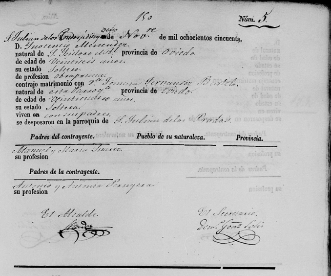 Acta de matrimonio de Tomasa Fernández-Bustelo Peruyera con Inocencio Menendez Suarez. 