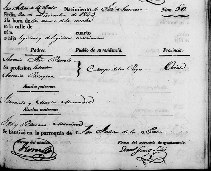 Acta de nacimiento de José Antonio Fernández-Bustelo Peruyera.