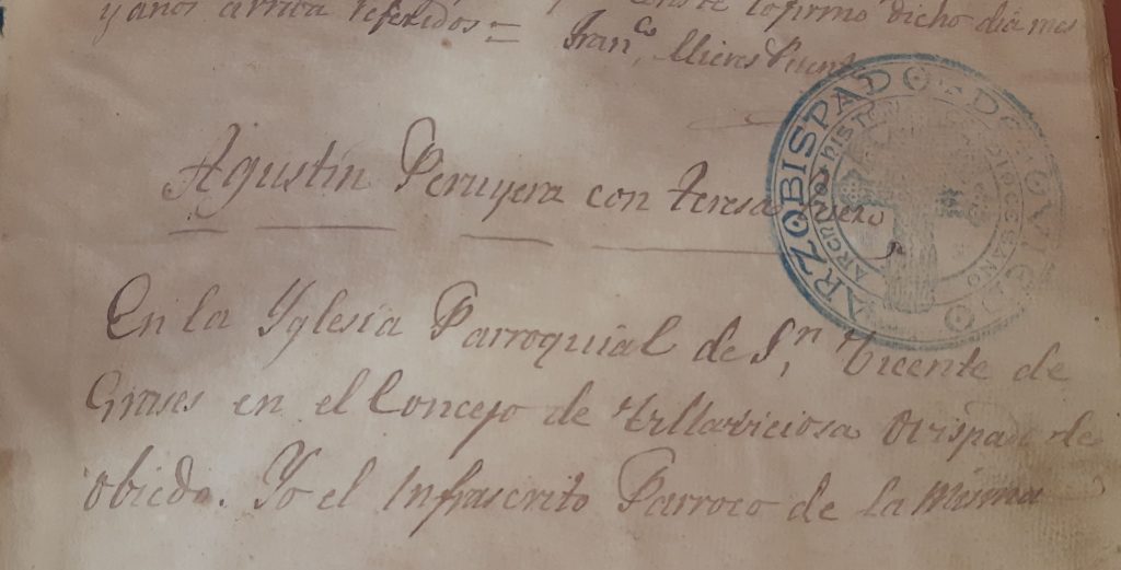Acta de matrimonio de Agustín Antonio Peruyera Paraja con Teresa Tuero García (primera parte).
