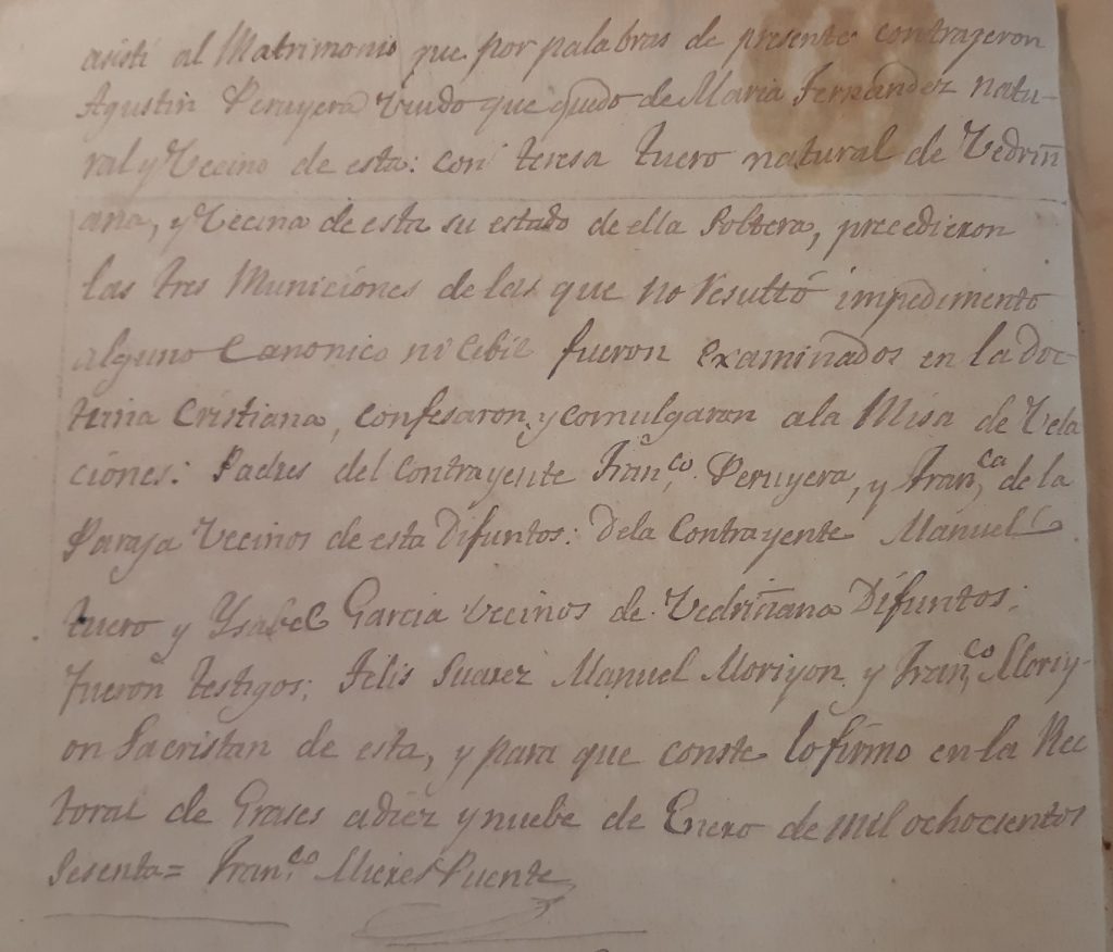 Acta de matrimonio de Agustín Antonio Peruyera Paraja con Teresa Tuero García (segunda parte).
