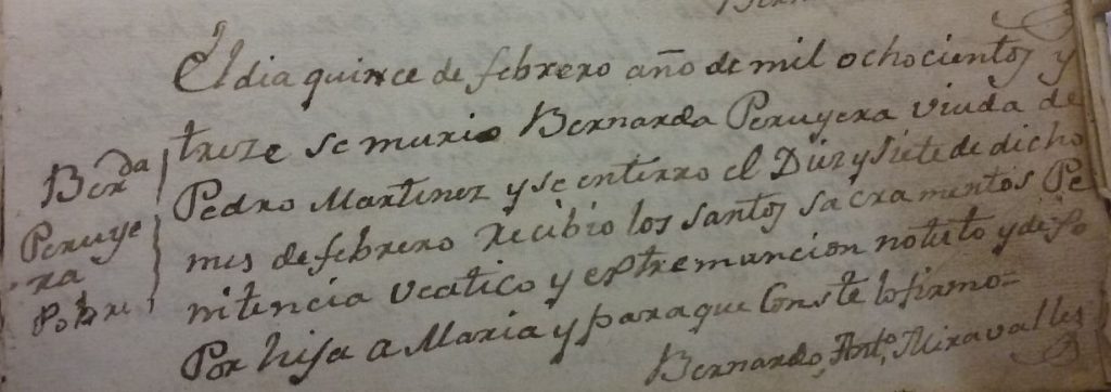 Acta de defunción de Bernarda Peruyera Mieres (consta como viuda de Pedro Martínez).