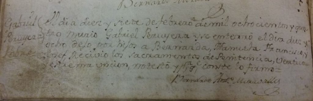 Acta de defunción en Grases de Gabriel de la Peruyera.
