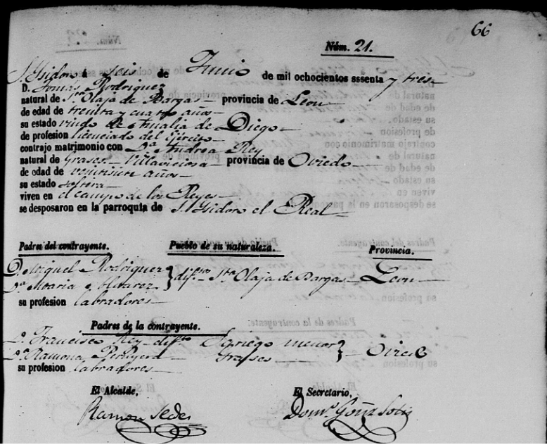 Acta de matrimonio de Adrea Rey Peruyera y Tomás Rodríguez Álvarez. 