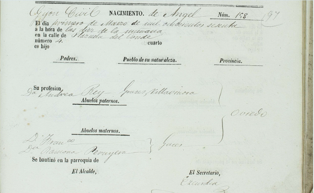 Acta de nacimiento de Ángel Rey Peruyera.