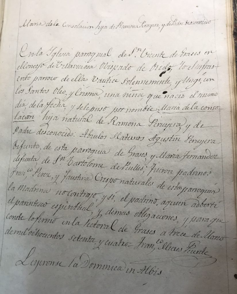 Acta de bautismo de María de la Consolación Peruyera Fernández.