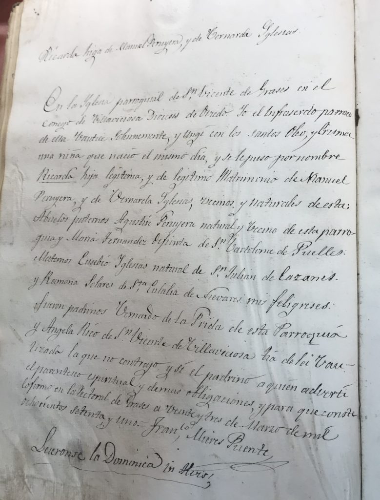 Acta de bautismo de Ricarda Peruyera Iglesias.