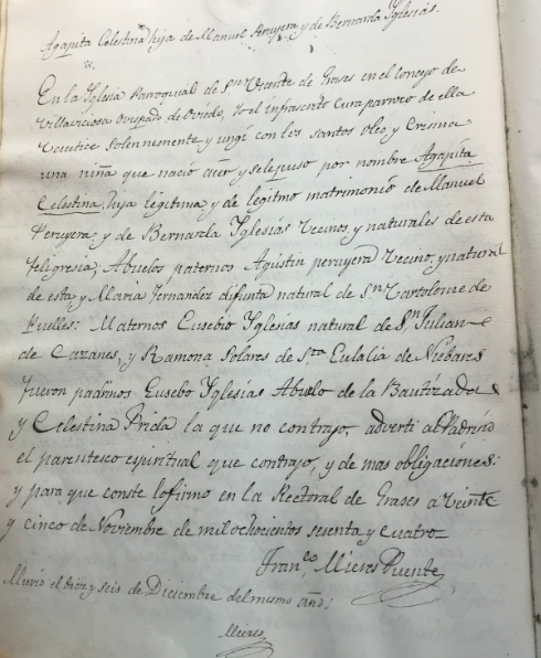 Acta de bautismo de Agapita Celestina Peruyera Iglesias.