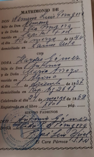 Nacimiento y matrimonio de Nemesio Luis Peruyera y Haydee Gómez.