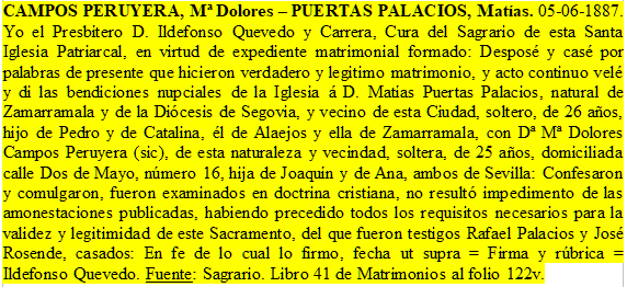Transcripción de la partida de matrimonio de María Dolores y Matias.