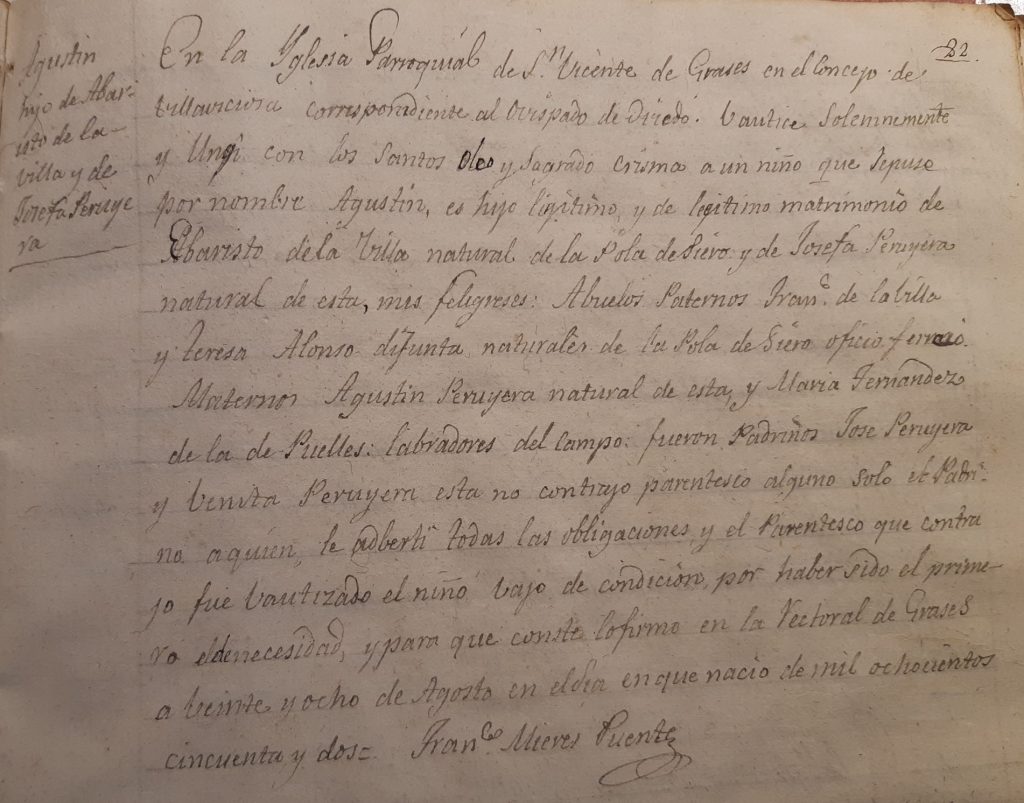 Acta de bautismo de Julián La Villa Peruyera.