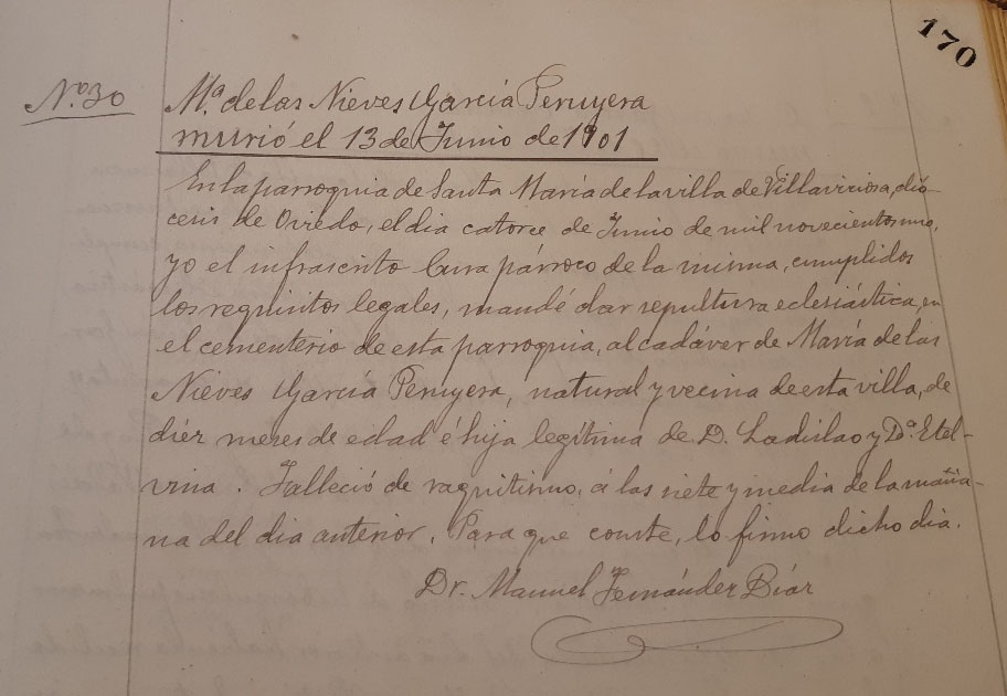 Acta de defunción de María de las Nieves Felisa García Peruyera. 