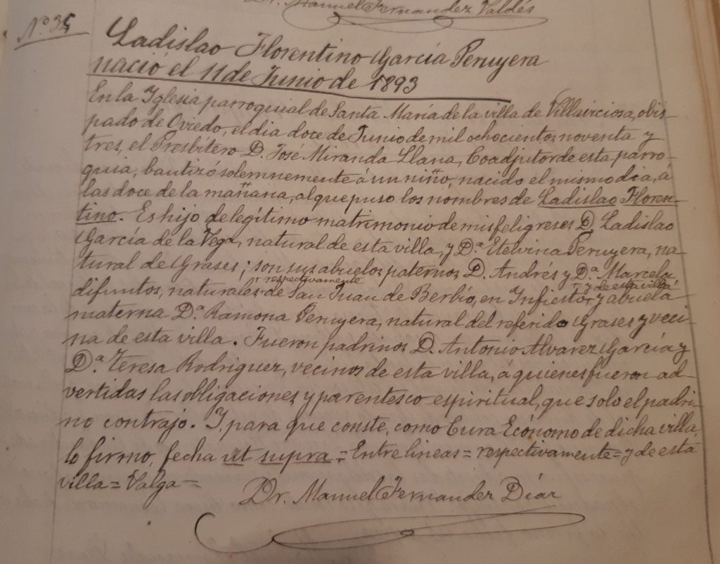 Acta de bautismo de Ladislao Florentino García Peruyera. 