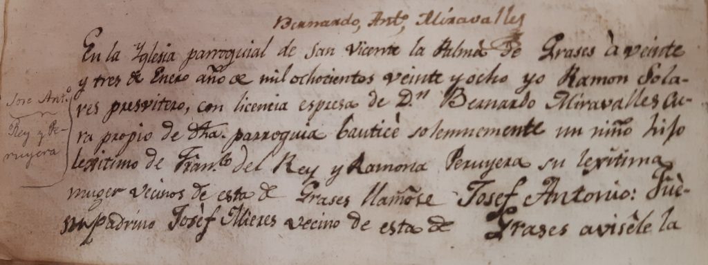 Acta de bautismo de José Antonio Rey Peruyera (primera parte). 