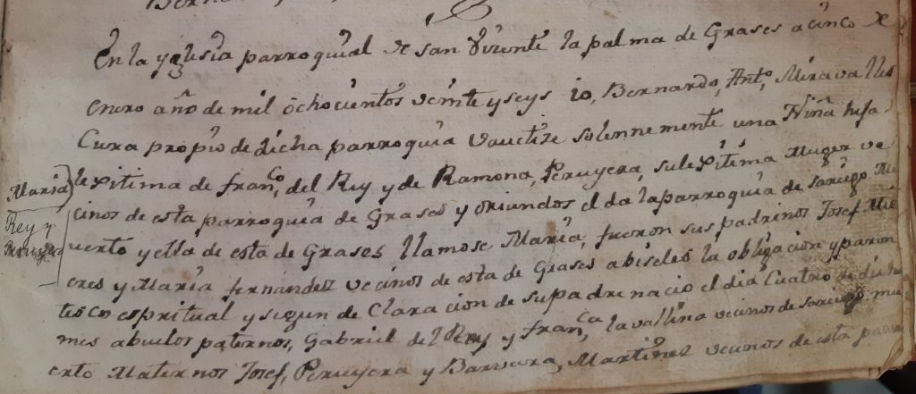 Acta de bautismo de María Rey Peruyera (primera parte).