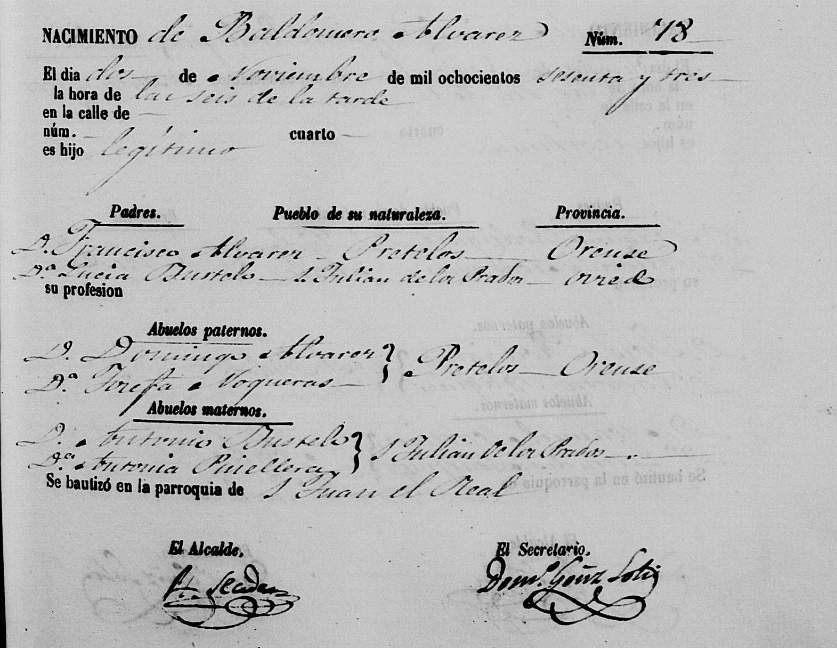 Acta de nacimiento de Baldomero Álvarez Fernández-Bustelo. 