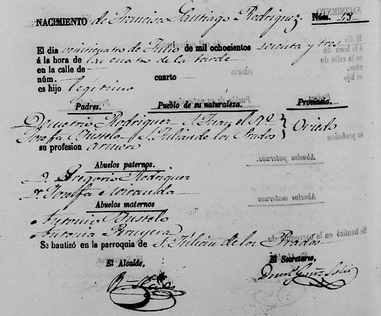 Acta de nacimiento de Francisco Santiago Rodríguez Fernández-Bustelo. 