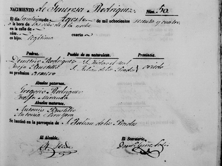 Acta de nacimiento de Generosa Rodríguez Fernández-Bustelo. 