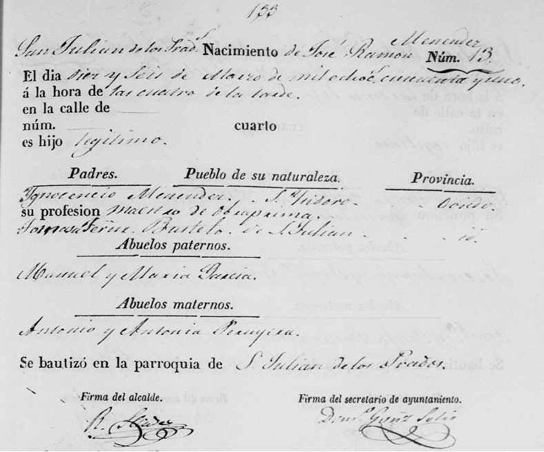 Acta de nacimiento de José Ramón Menéndez Fernández-Bustelo. 