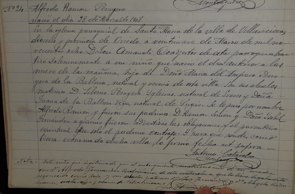 Acta de bautismo de Alfredo Ramón Peruyera Ballina.