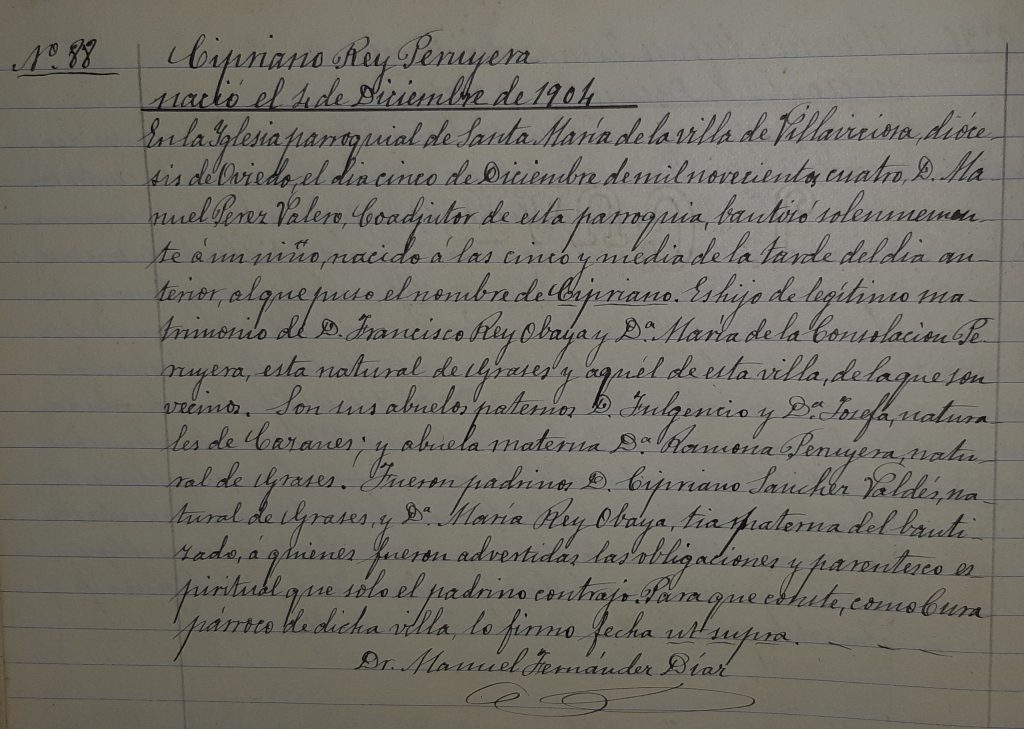 Acta de bautismo de Cipriano Rey Peruyera.