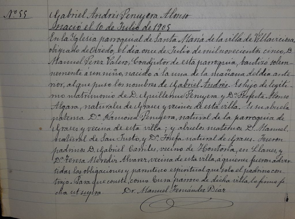 Acta de bautismo de  Gabriel Andrés Peruyera Alonso. 