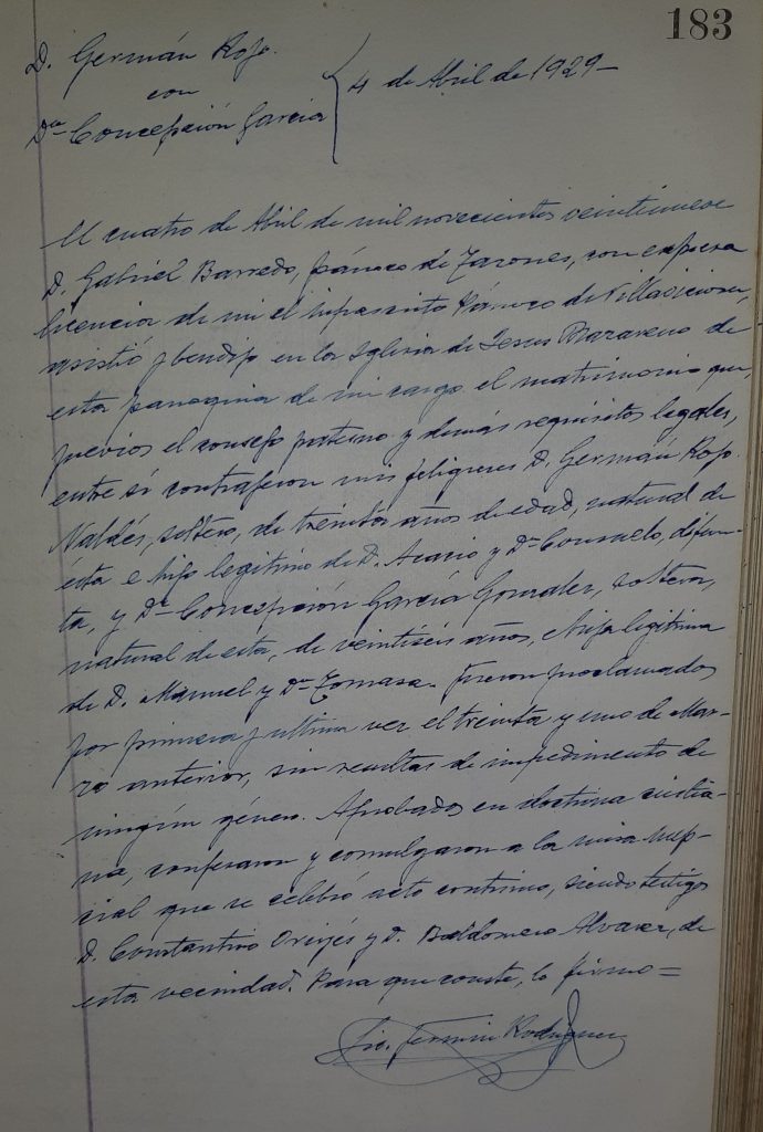 Acta de matrimonio de Germán Rojo y Concepción García.