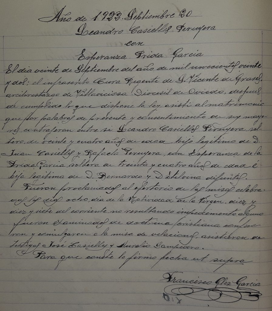 Acta de matrimonio de Leandro Casielles y Esperanza Prida.
