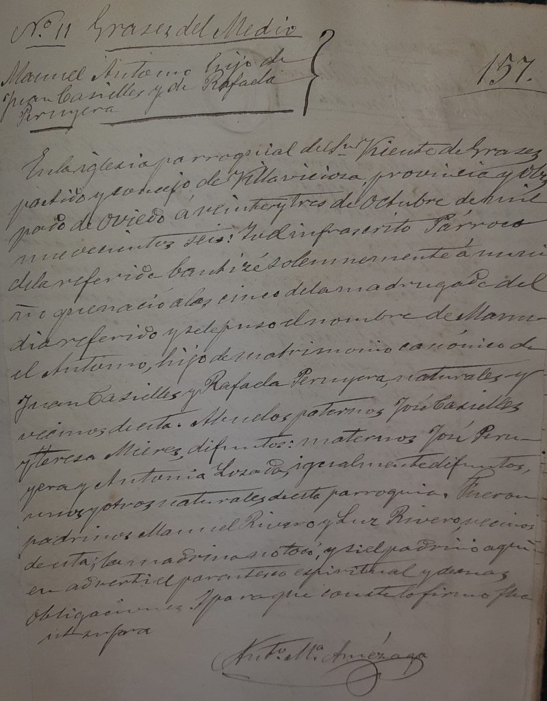 Acta de bautismo de Manuel Antonio Casielles Peruyera.