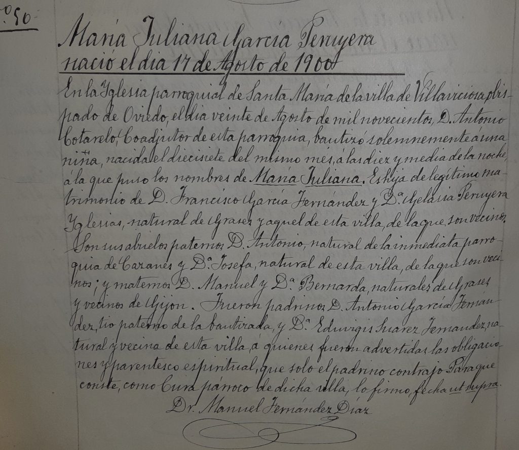 Acta de bautismo de María Juliana García Peruyera.