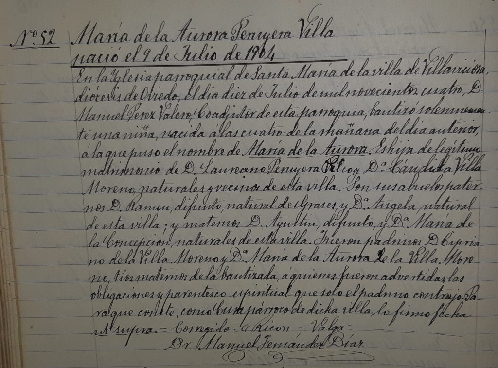 Acta de bautismo de María de la Aurora Peruyera Villa.